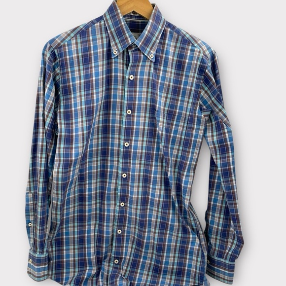 Peter Millar Blue and White Plaid Men's Shirt Small 100% Cotton - Picture 1 of 5